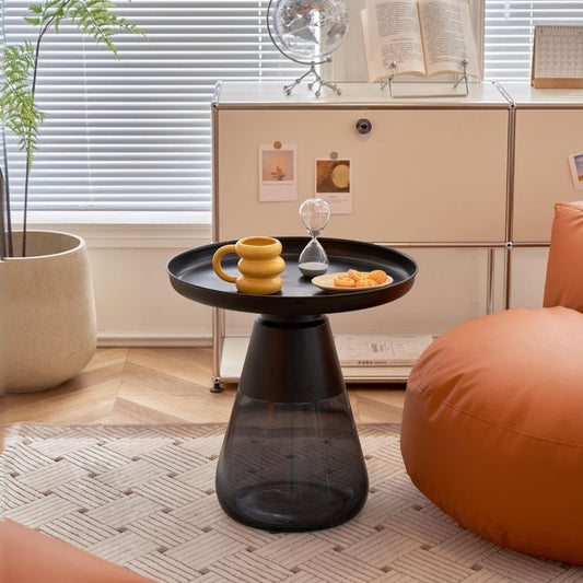 tavolino tiglio con base in vetro temperato e piano in ferro colore nero d 60 x h 43 cm., tavolino da salotto elegante e pratico