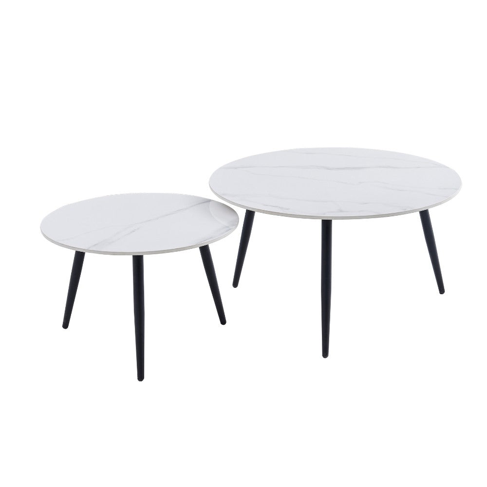 set 2 tavolini da salotto bicolor con piano in ceramica effetto marmo bianco lucido e gambe nere, dettaglio della superficie e gambe di design