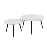 set 2 tavolini da salotto bicolor con piano in ceramica effetto marmo bianco lucido e gambe nere, dettaglio della superficie e gambe di design
