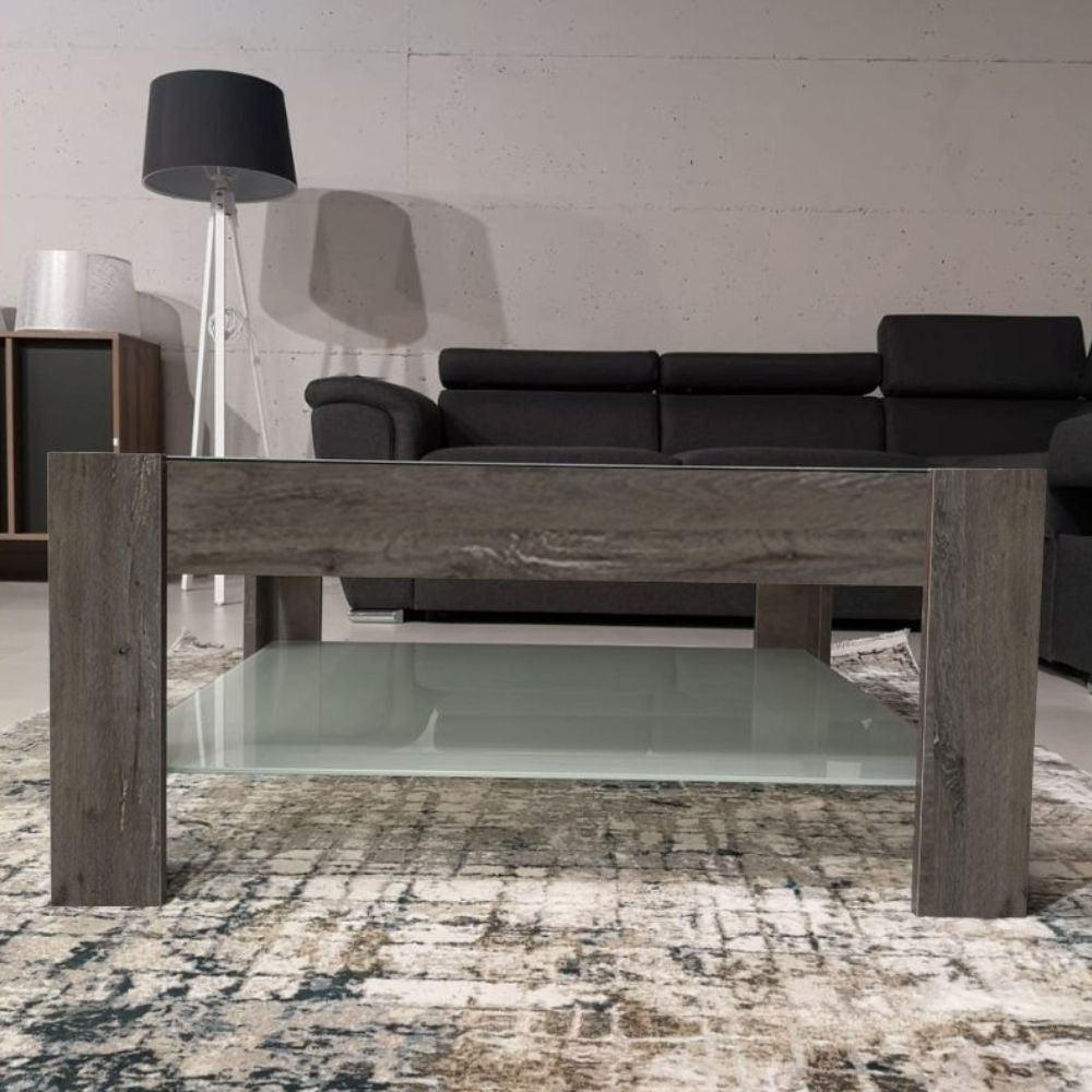 tavolino da salotto dark coffee con doppio ripiano in vetro homy, dettaglio della superficie e gambe di design