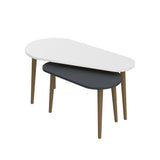 doppio tavolino pear bianco e antracite con gambe in legno, dettaglio della superficie e gambe di design