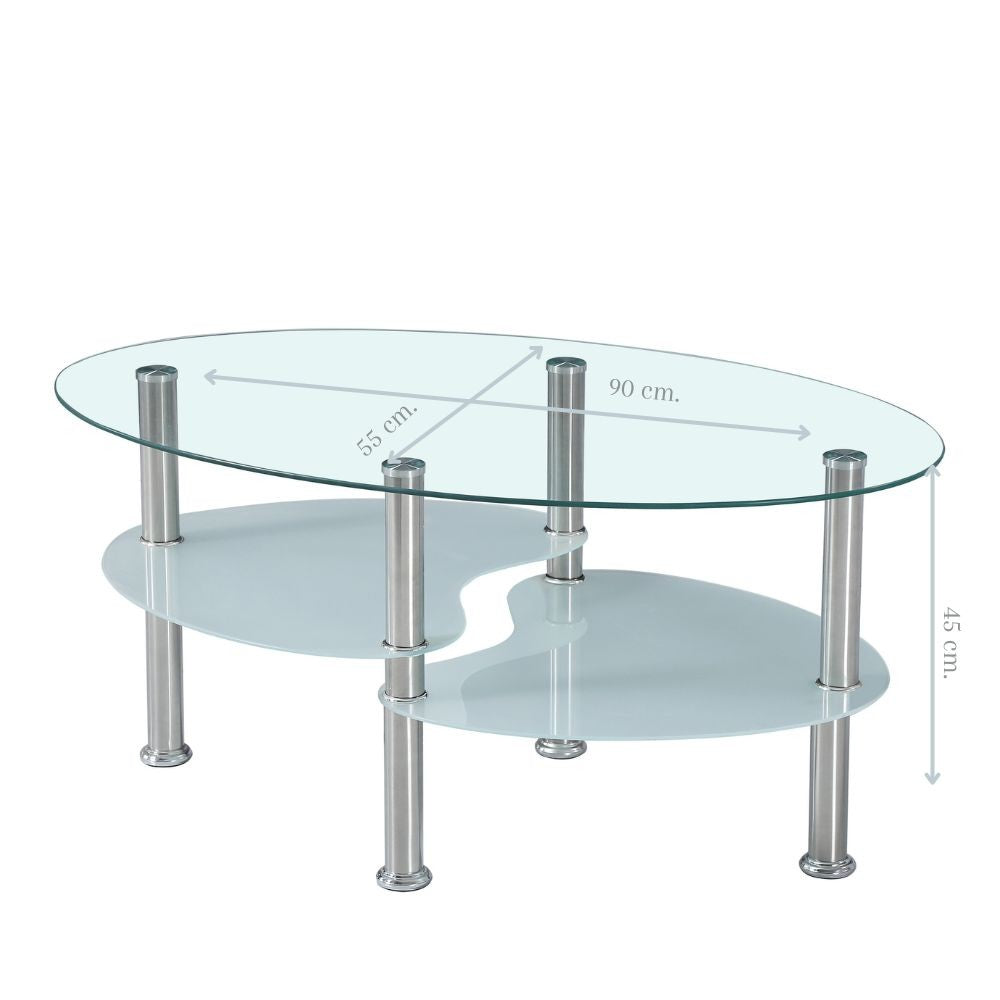 tavolino mimas con doppio piano in vetro temperato con gambe in acciaio, ideale per appoggiare decorazioni o accessori