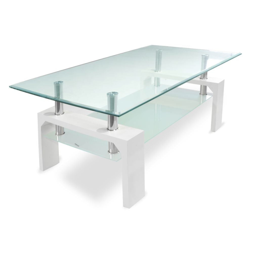 tavolino titania con doppio piano in vetro temperato e struttura colore bianco, ambientato con divani moderni o classici