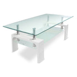 tavolino titania con doppio piano in vetro temperato e struttura colore bianco, ambientato con divani moderni o classici