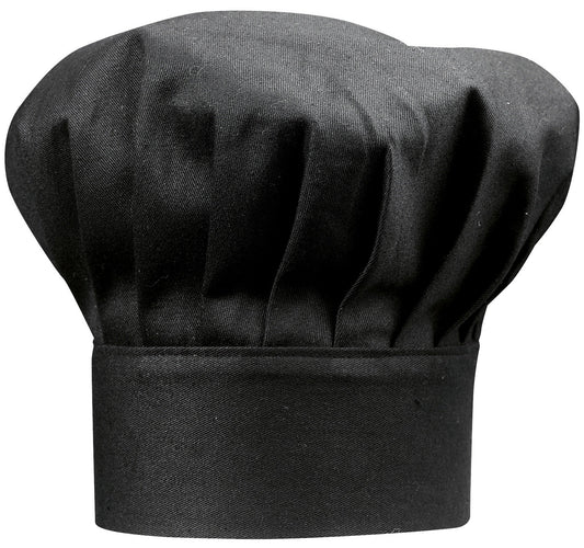 toque chef nero, colore nero, taglia 27 x 33. toque da chef su sfondo bianco, dettaglio tessuto e cuciture