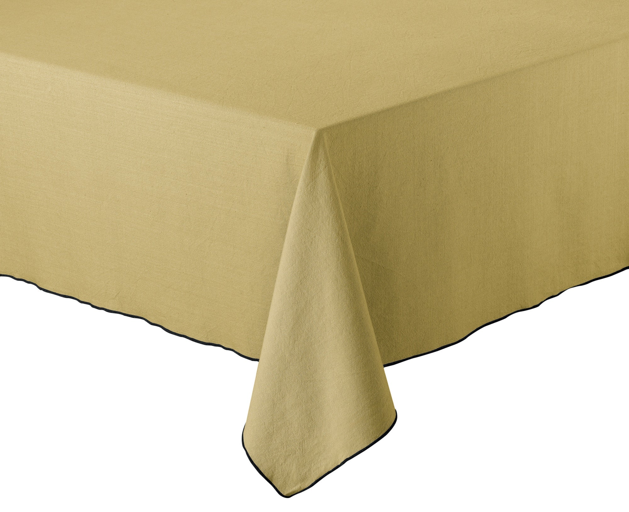 tovaglia riciclata grace khaki, colore khaki, taglia 140 x 140. tovaglia distesa su tavolo, sfondo neutro, dettaglio tessuto e cuciture