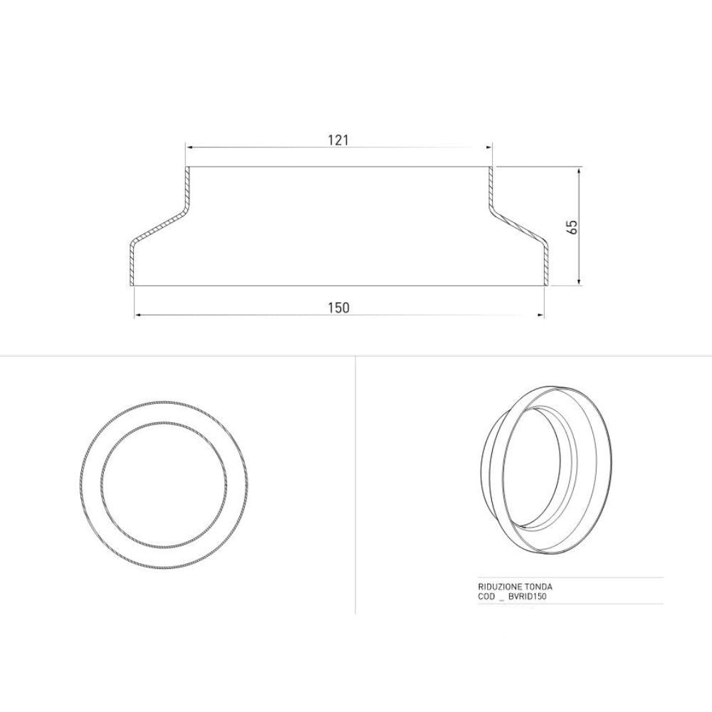 riduzione tonda per cappe bvrid150 da 150 mm a 125 mm, elemento per impianto di aspirazione cucina