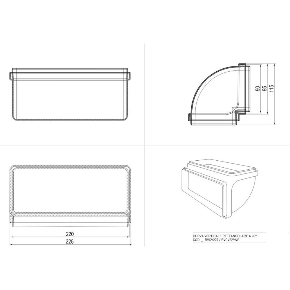 curva verticale rettangolare 90 gradi per cappe bvcv229, tubo per cappa visto frontalmente