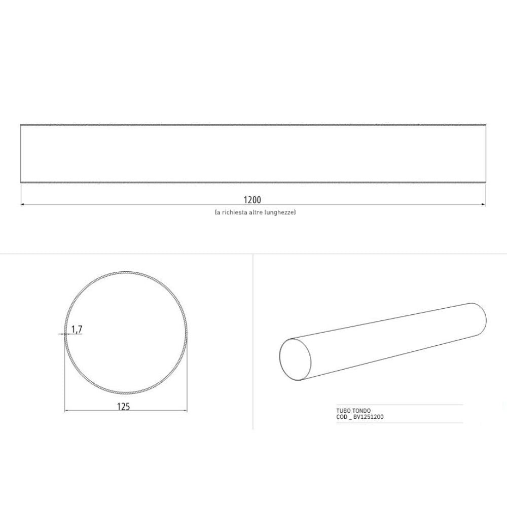 tubo tondo per cappe bv1251200 diametro 125mm 1,2 mt, accessorio per installazione di cappe da cucina