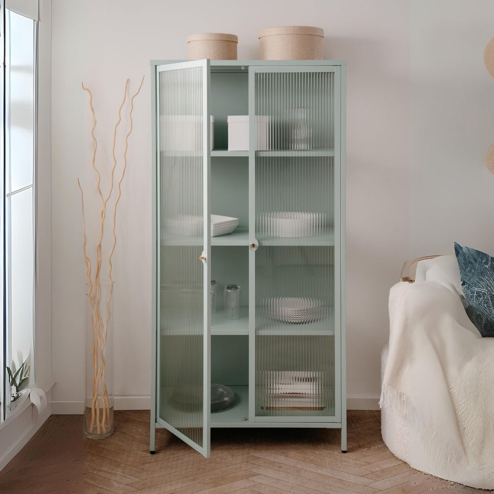 vetrina milton 52a in acciaio laminato con 2 ante vetro temperato ondulato colore verde menta, perfetta per esporre piatti, bicchieri o collezioni