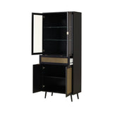 vetrina vienna52a 4 ante e cassetto nera con frontali effetto vimini, vista ambientata in soggiorno o sala da pranzo