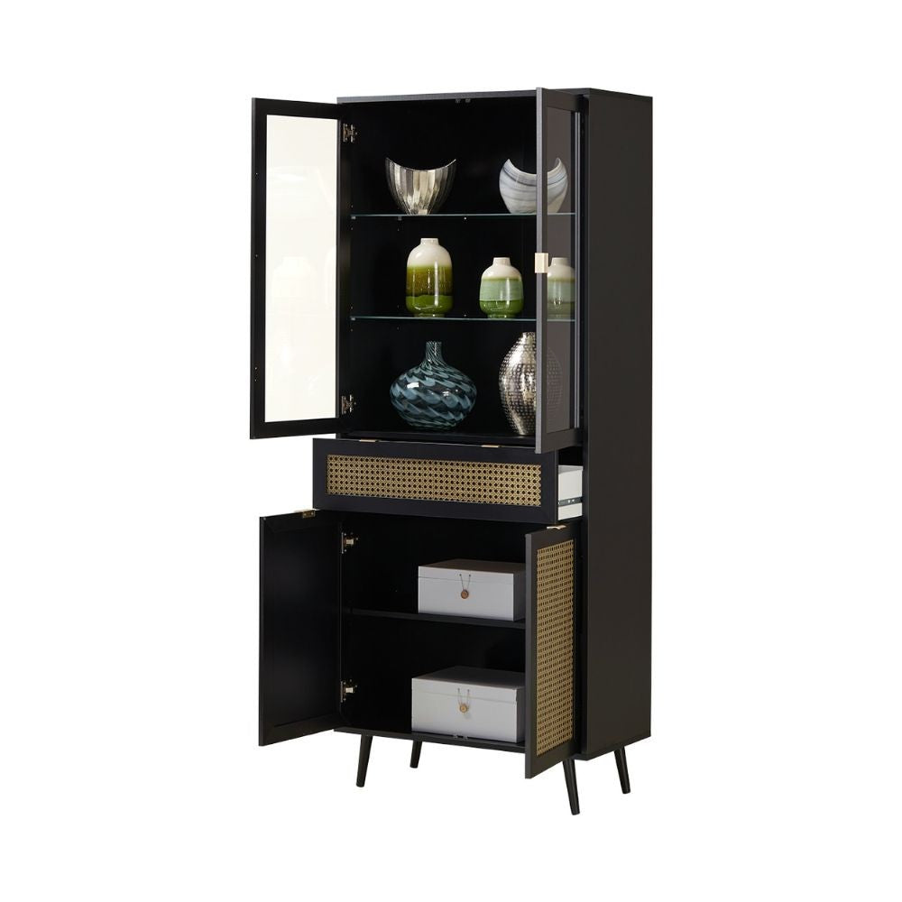 vetrina vienna52a 4 ante e cassetto nera con frontali effetto vimini, perfetta per esporre piatti, bicchieri o collezioni