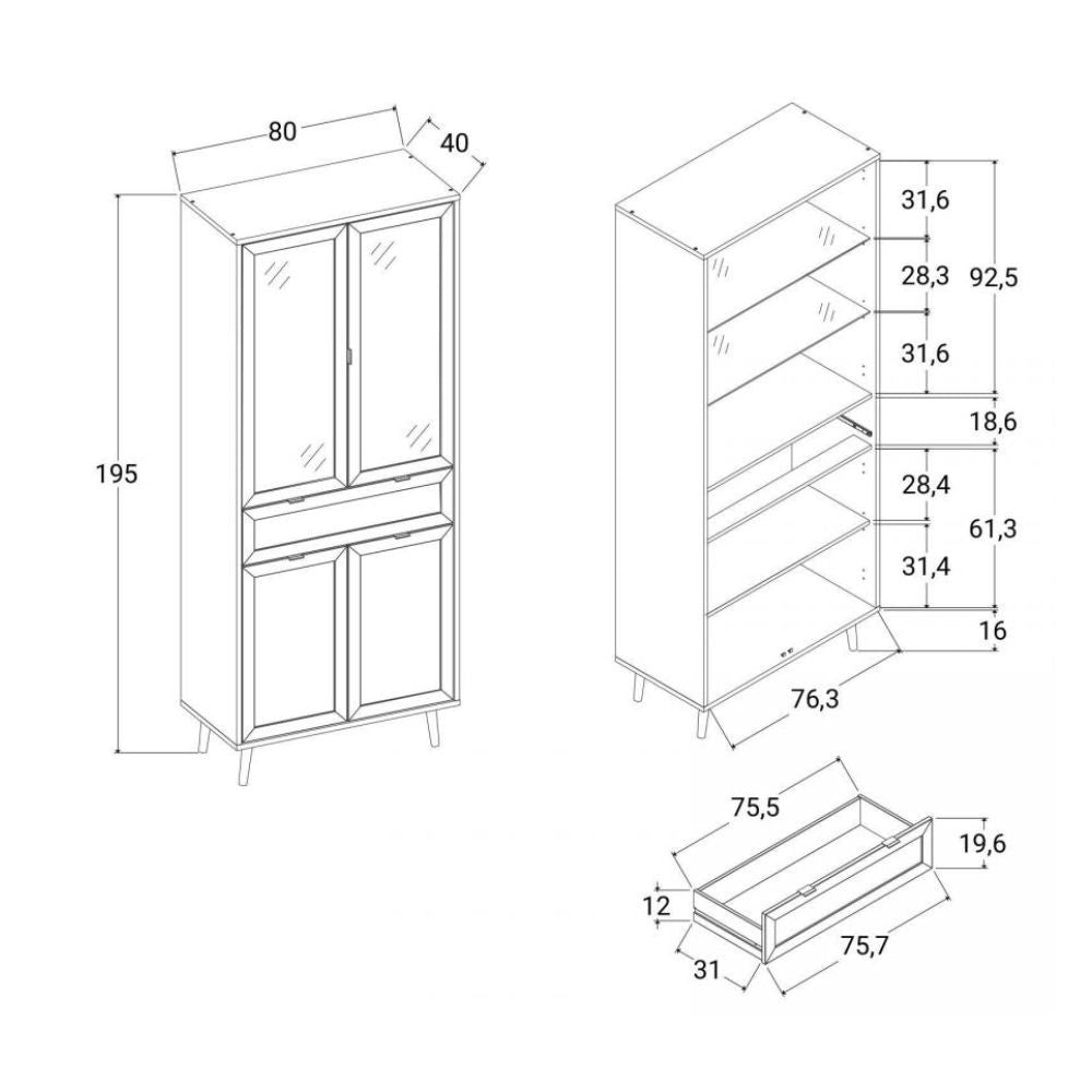 vetrina vienna52a 4 ante e cassetto nera con frontali effetto vimini, ideale per valorizzare oggetti con stile