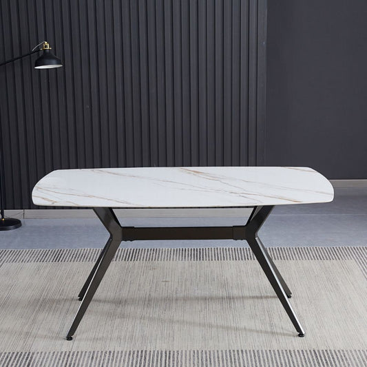 Tavolo fisso Callista con piano in ceramica effetto marmo bianco lucido