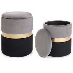 Set di 2 pouf contenitore POLINA in velluto grigio-nero