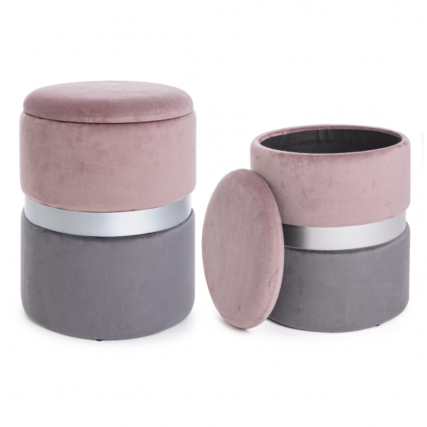 Set di 2 pouf contenitore POLINA in velluto rosa-grigio