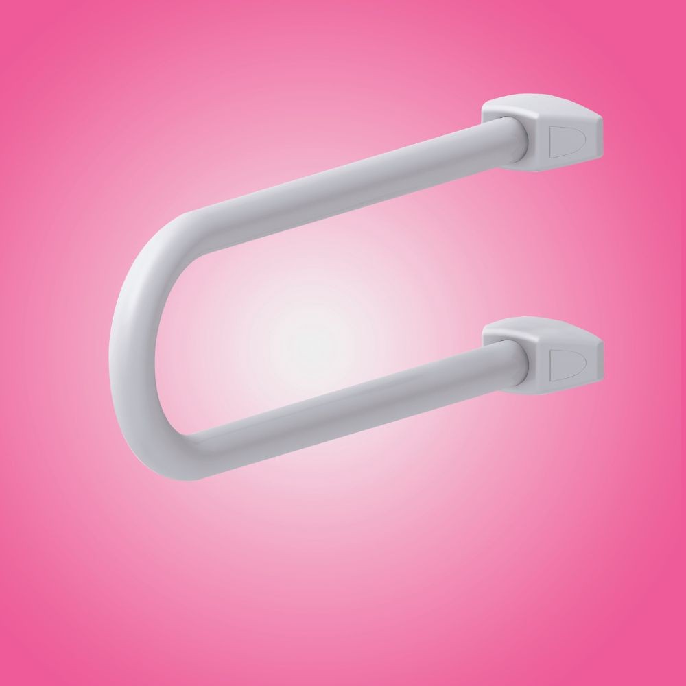 maniglia di sicurezza fissa per disabili in alluminio colore bianco, accessorio da bagno visto frontalmente