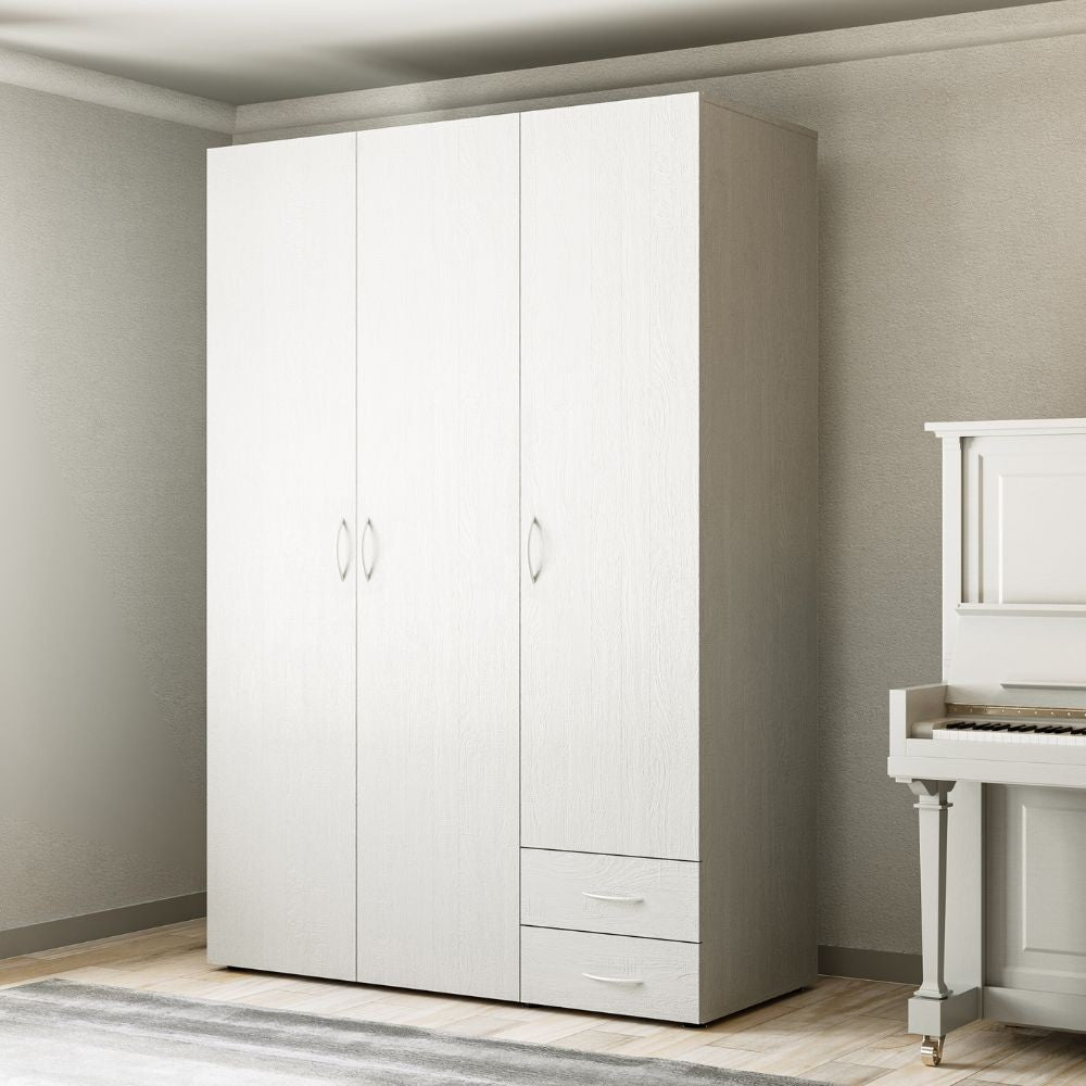 armadio 3 ante 2 cassetti seba 3 colore bianco, armadio a vista frontale, perfetto per camere moderne e funzionali