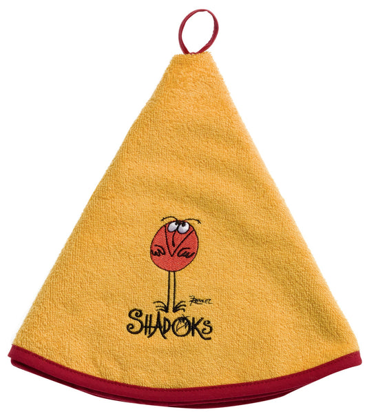 asciugamani shadoks giallo, colore giallo, taglia diamètre 60. asciugamano piegato su sfondo neutro per una visione pulita del prodotto