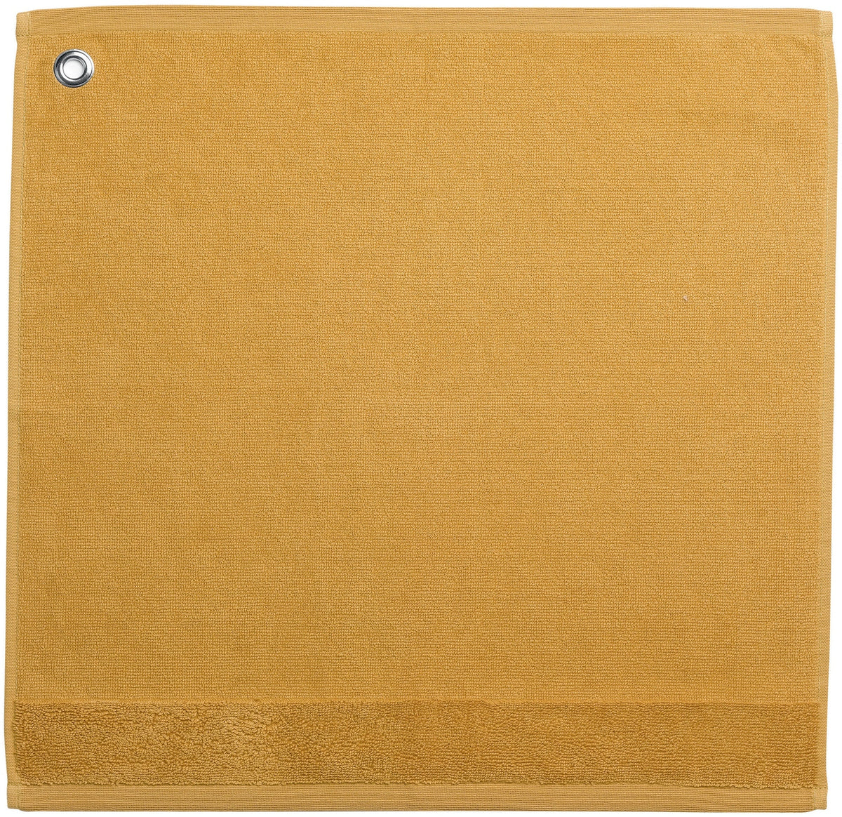 asciugamano con occhiello curl curry, colore curry, taglia 50 x 50. asciugamano piegato su sfondo neutro per una visione pulita del prodotto