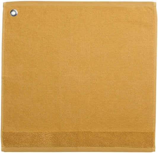 asciugamano con occhiello curl curry, colore curry, taglia 50 x 50. asciugamano piegato su sfondo neutro per una visione pulita del prodotto