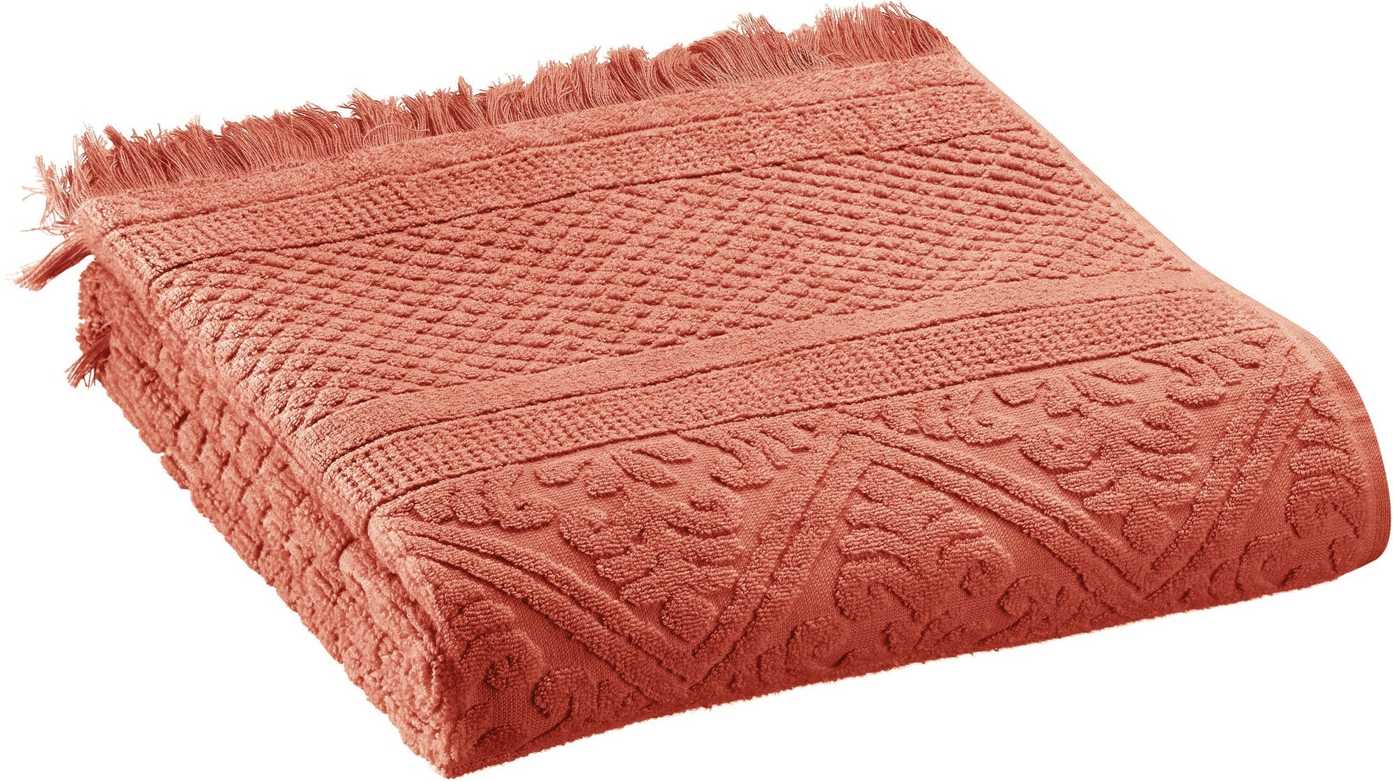 asciugamano zoe terra di siena, colore terra di siena, taglia 50 x 100. asciugamano piegato su sfondo neutro per una visione pulita del prodotto