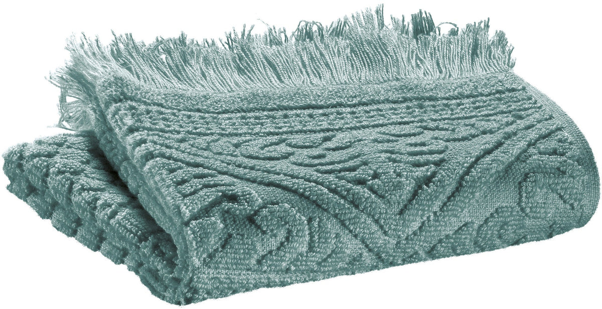 asciugamano ospite zoe verde grigio, colore verde grigio, taglia 30 x 50. asciugamano ospite piegato elegantemente su fondo neutro