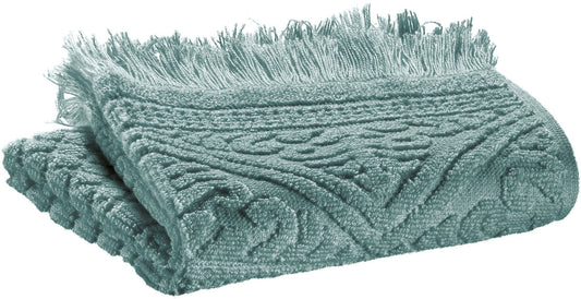 asciugamano ospite zoe verde grigio, colore verde grigio, taglia 30 x 50. asciugamano ospite piegato elegantemente su fondo neutro