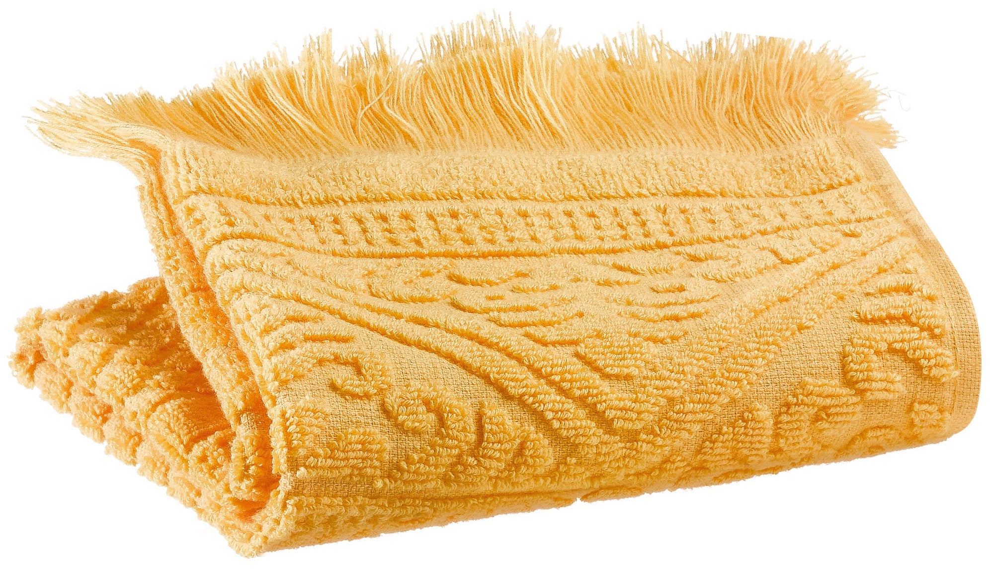 asciugamano ospite zoe mimosa, colore mimosa, taglia 30 x 50. asciugamano ospite piegato elegantemente su fondo neutro