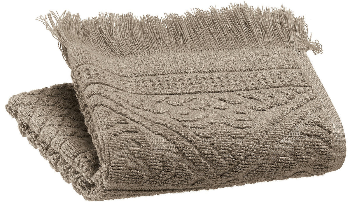 asciugamano ospite zoe camoscio, colore camoscio, taglia 30 x 50. asciugamano ospite piegato elegantemente su fondo neutro