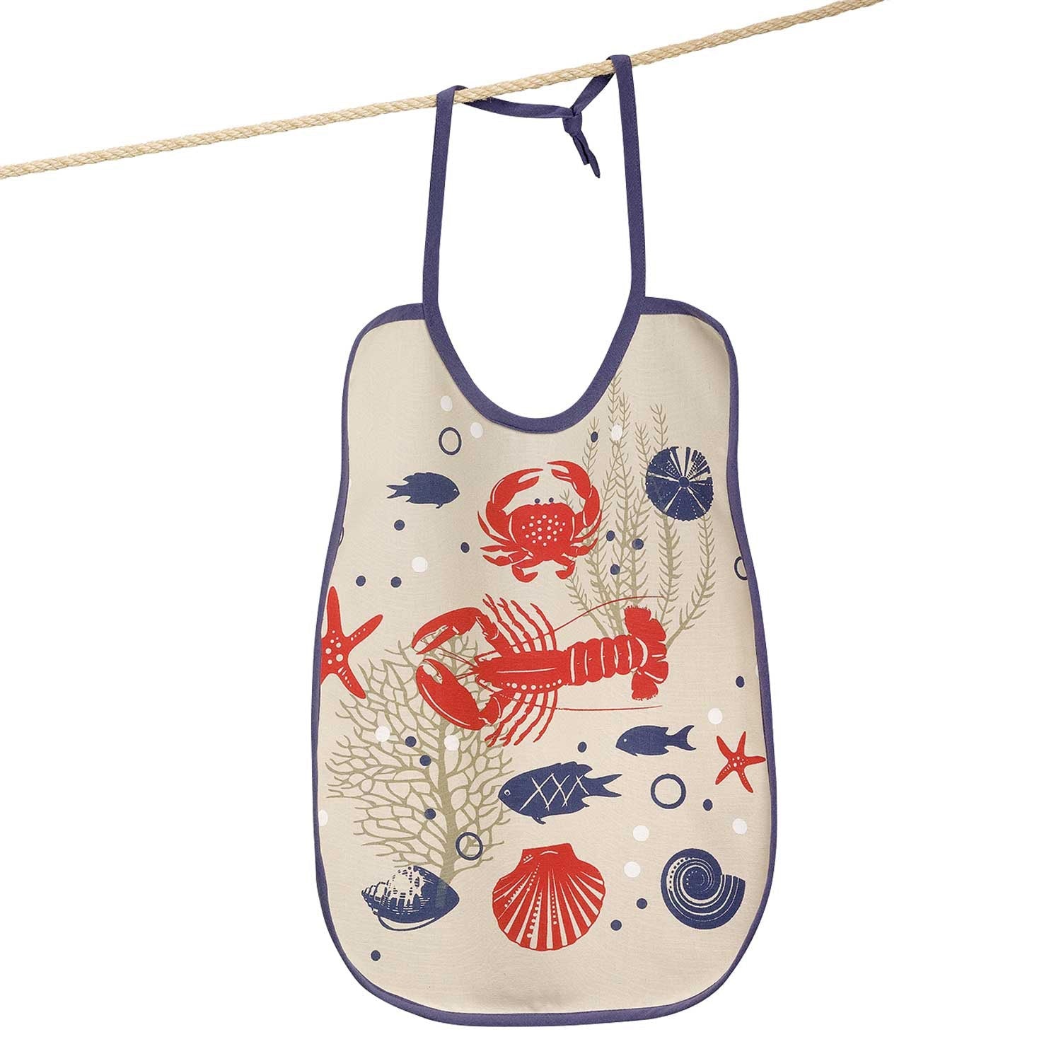 bavaglino crustaces spago, colore spago, taglia 40 x 55. bavaglino presentato su sfondo neutro, dettaglio morbidezza e chiusura regolabile