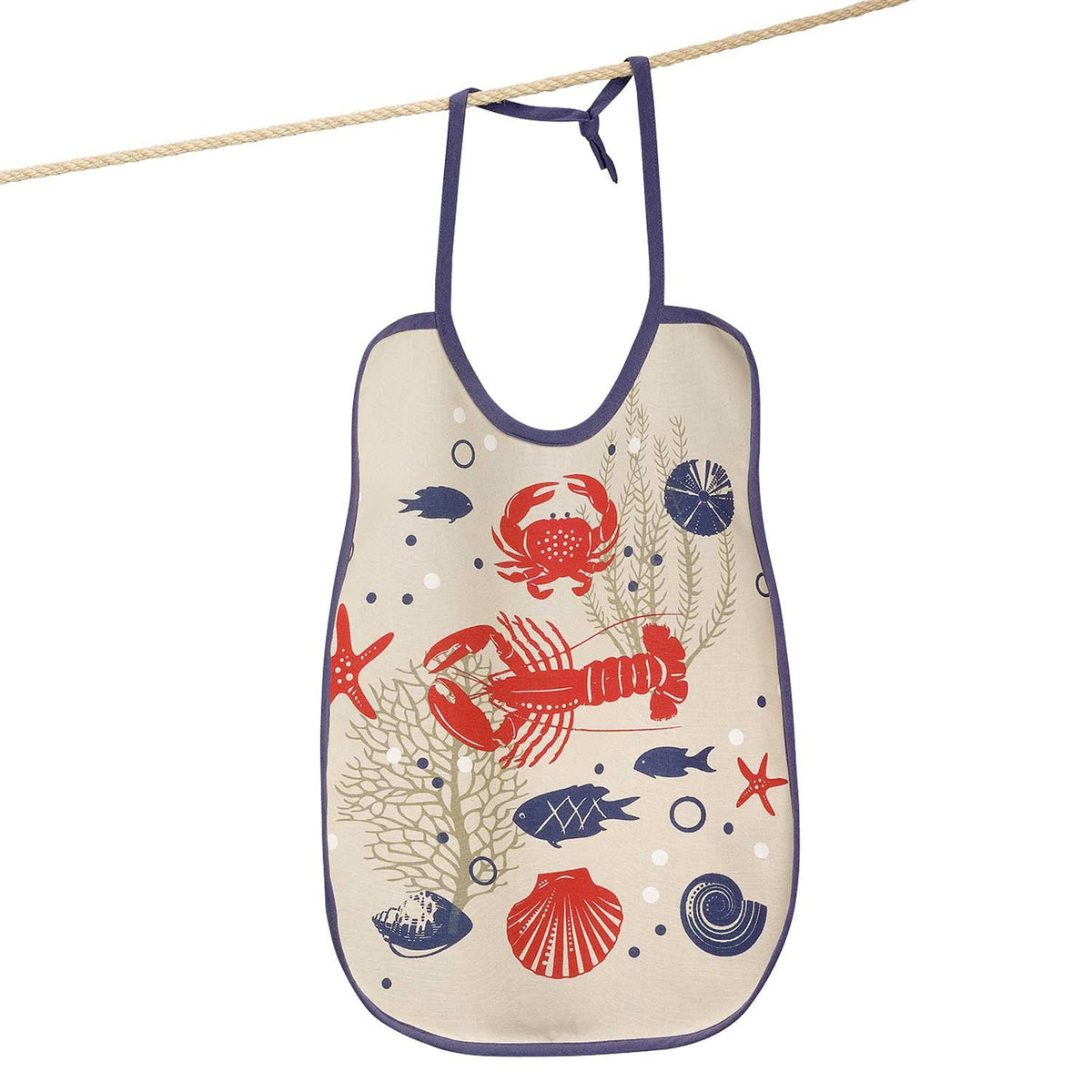 bavaglino crustaces spago, colore spago, taglia 40 x 55. bavaglino presentato su sfondo neutro, dettaglio morbidezza e chiusura regolabile