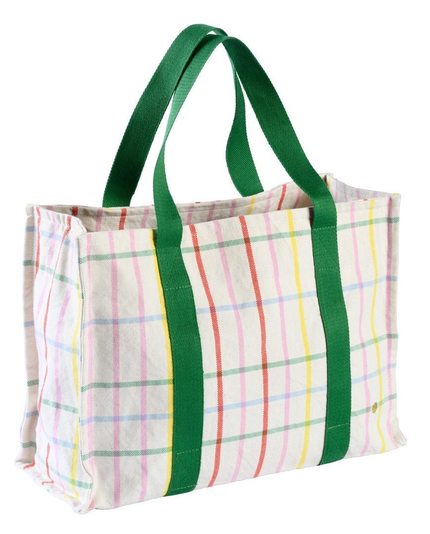 borsa daily fair play multicolore, colore multicolore, taglia 25 x 38 x 15. vista frontale della borsa daily in tessuto naturale su sfondo neutro