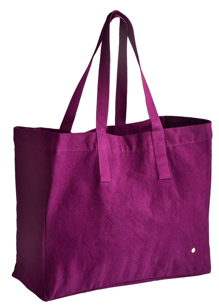 borsa shopper iona pioggia viola, colore pioggia viola, taglia 38 x 46 x 18. vista frontale della borsa shopping in tessuto ecologico su sfondo neutro