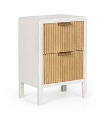 Comodino CHARLEY in legno bianco e 2 cassetti in legno naturale paulownia, 40x30x60 cm