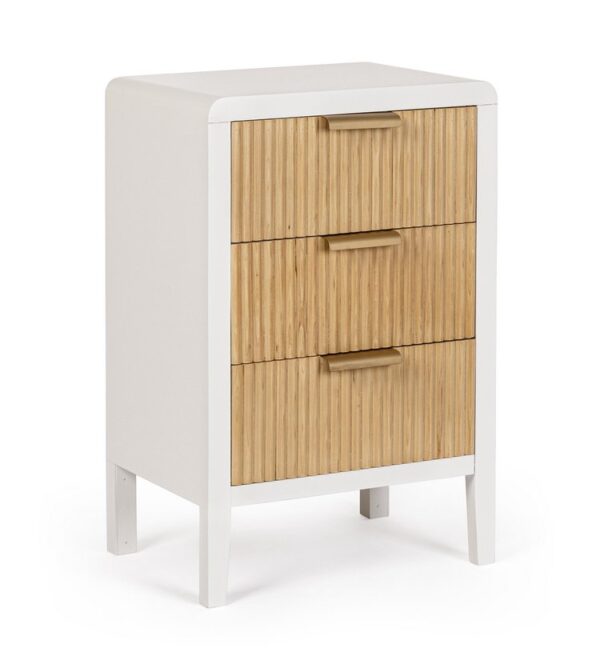 Comodino CHARLEY in legno bianco e 3 cassetti in legno naturale paulownia, 40x30x62 cm