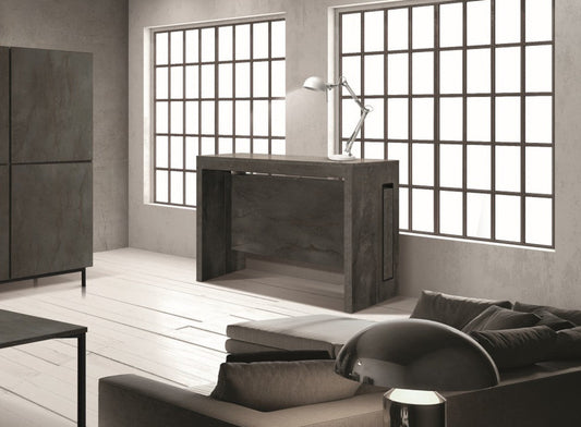 consolle gaiole in legno e acciaio ossidato 90×45 cm allungabile a 90×295 cm, dettaglio della struttura e finitura in legno...