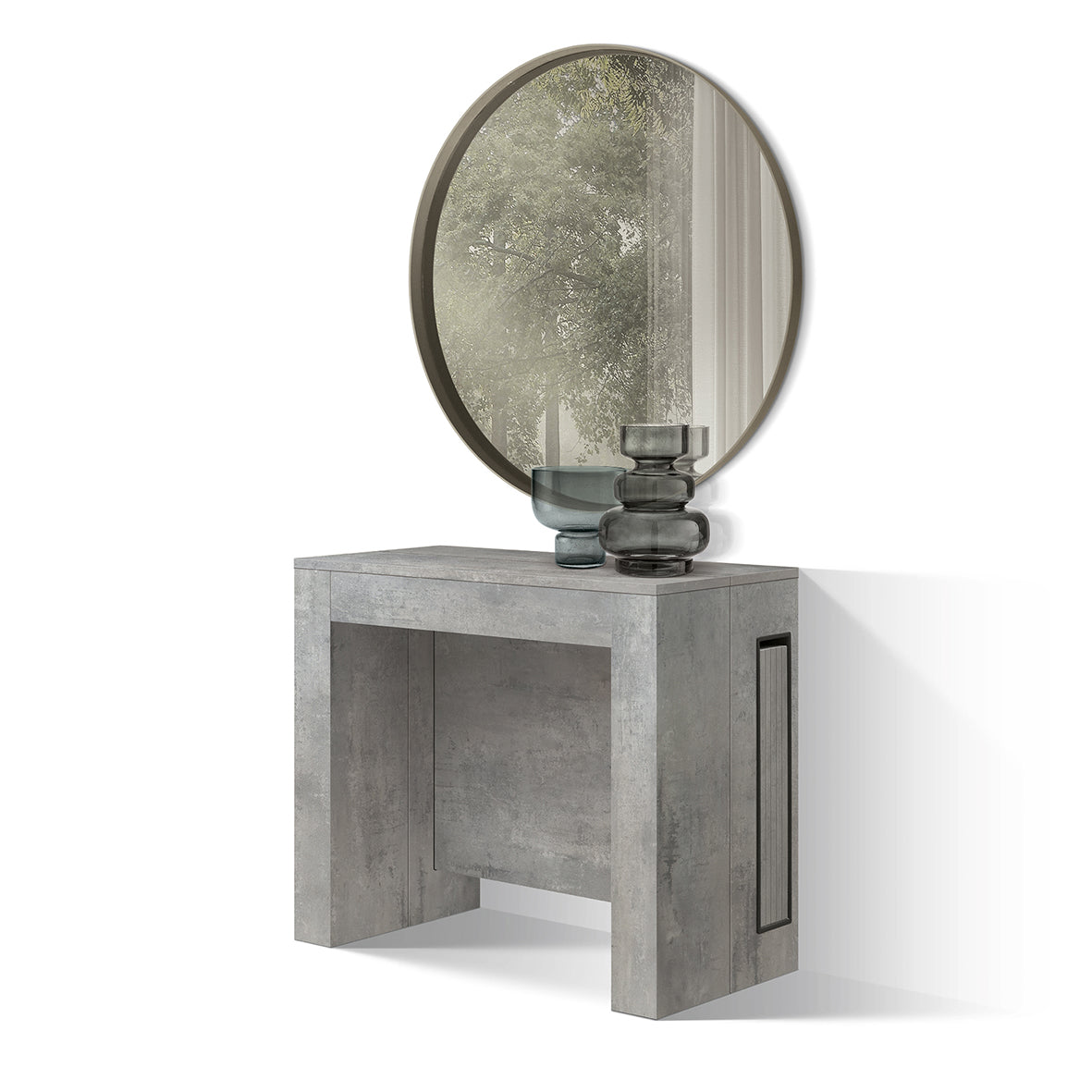 consolle gaiole in legno, finitura grigio cemento 90×45 cm allungabile a 90×295 cm, dettaglio della struttura e finitura in...