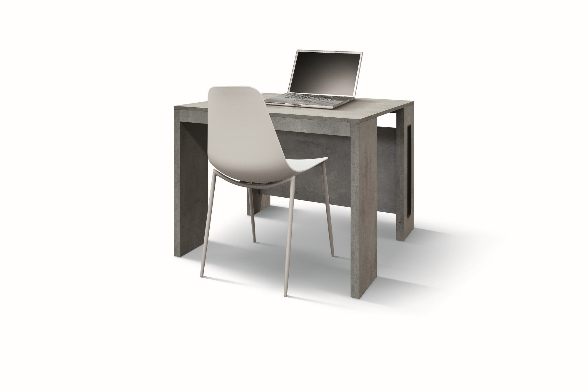 consolle gaiole in legno, finitura grigio cemento 90×45 cm allungabile a 90×295 cm, consolle aperta mostrata in ambiente...