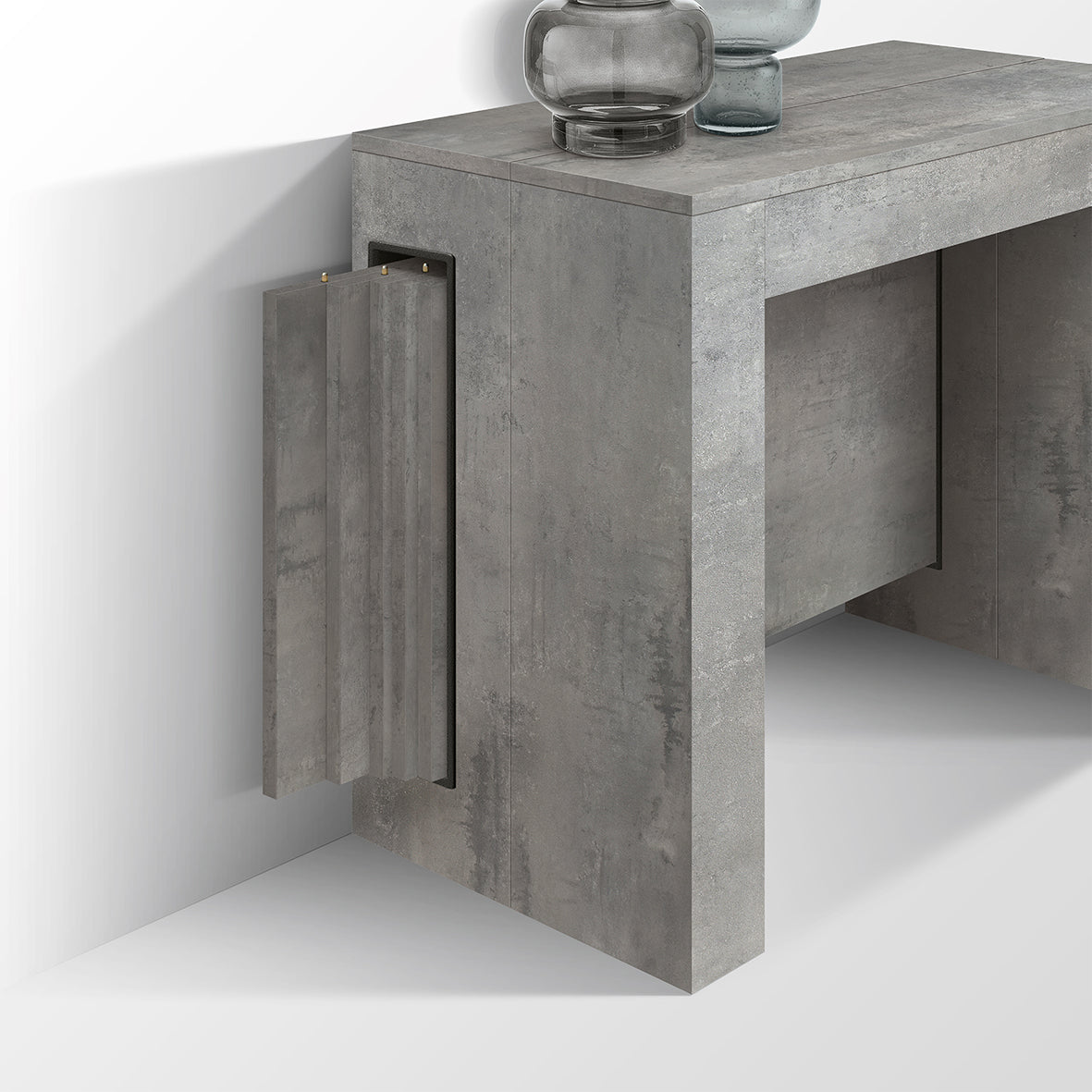 consolle gaiole in legno, finitura grigio cemento 90×45 cm allungabile a 90×295 cm, vista laterale per evidenziare il...