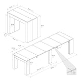 consolle gaiole in legno, finitura grigio cemento 90×45 cm allungabile a 90×295 cm, dettaglio dei meccanismi di apertura e...