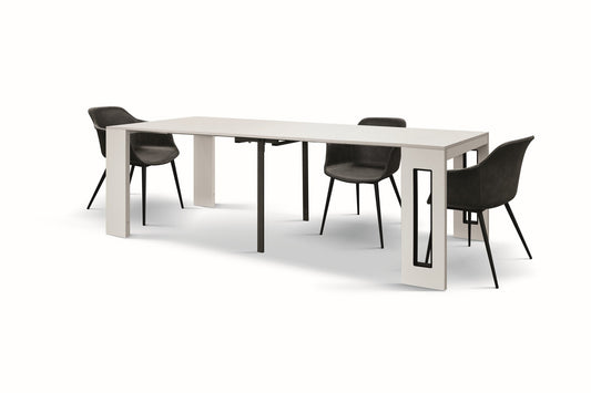 consolle gaiole in legno, finitura bianco frassinato 90×45 cm allungabile a 90×295 cm, dettaglio della struttura e finitura...