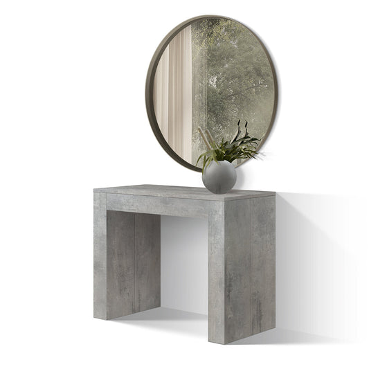 consolle allungabile lerici effetto grigio cemento 90×45 cm – 90×300, dettaglio della struttura e finitura in legno naturale