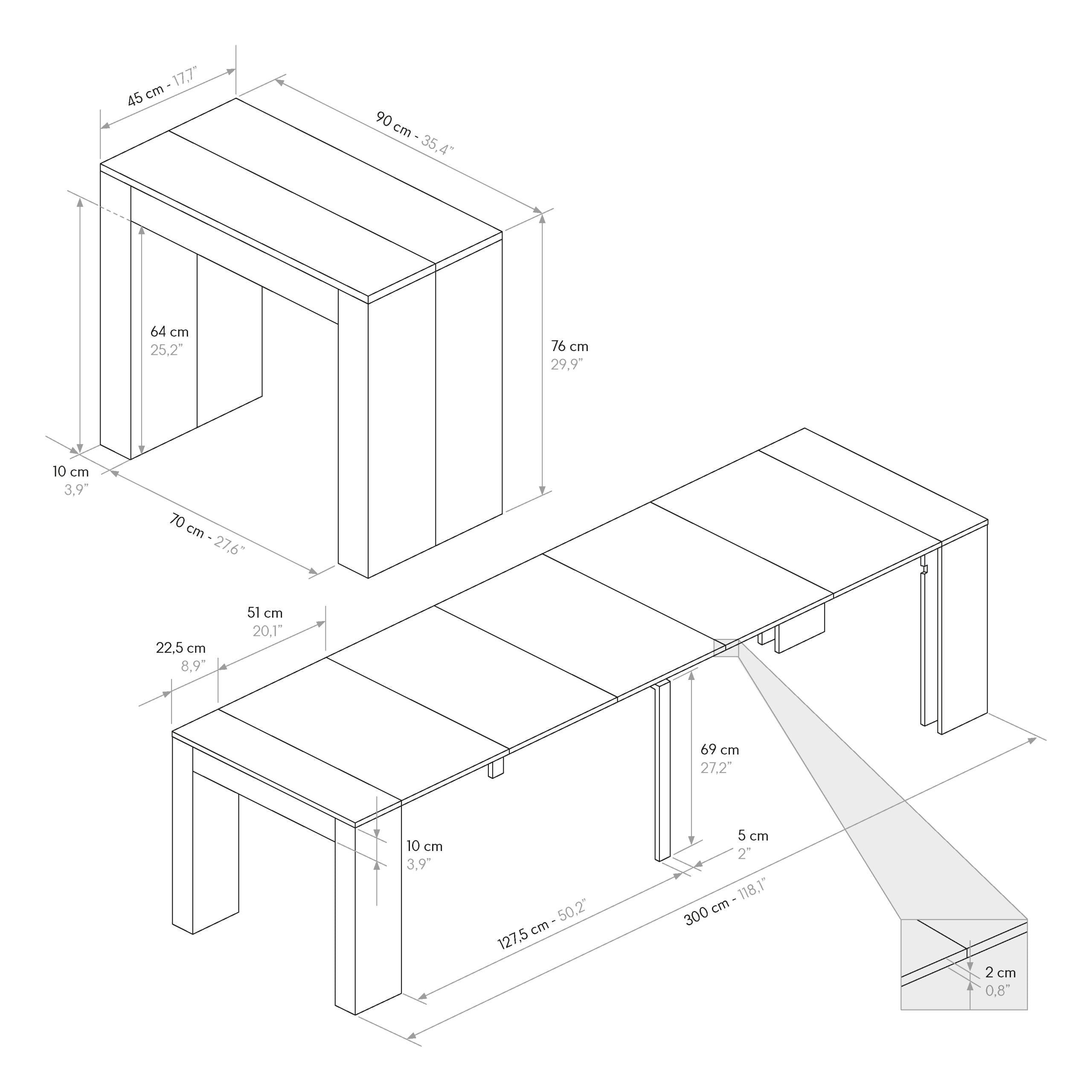 consolle allungabile lerici effetto olmo perla 90×45 cm – 90×300, vista laterale per evidenziare il sistema di estensione