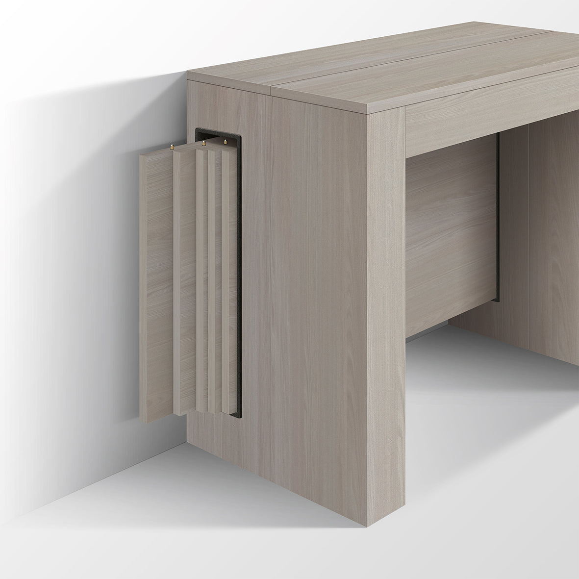 consolle gaiole in legno, finitura olmo perla 90×45 cm allungabile a 90×295 cm, consolle aperta mostrata in ambiente sala da...