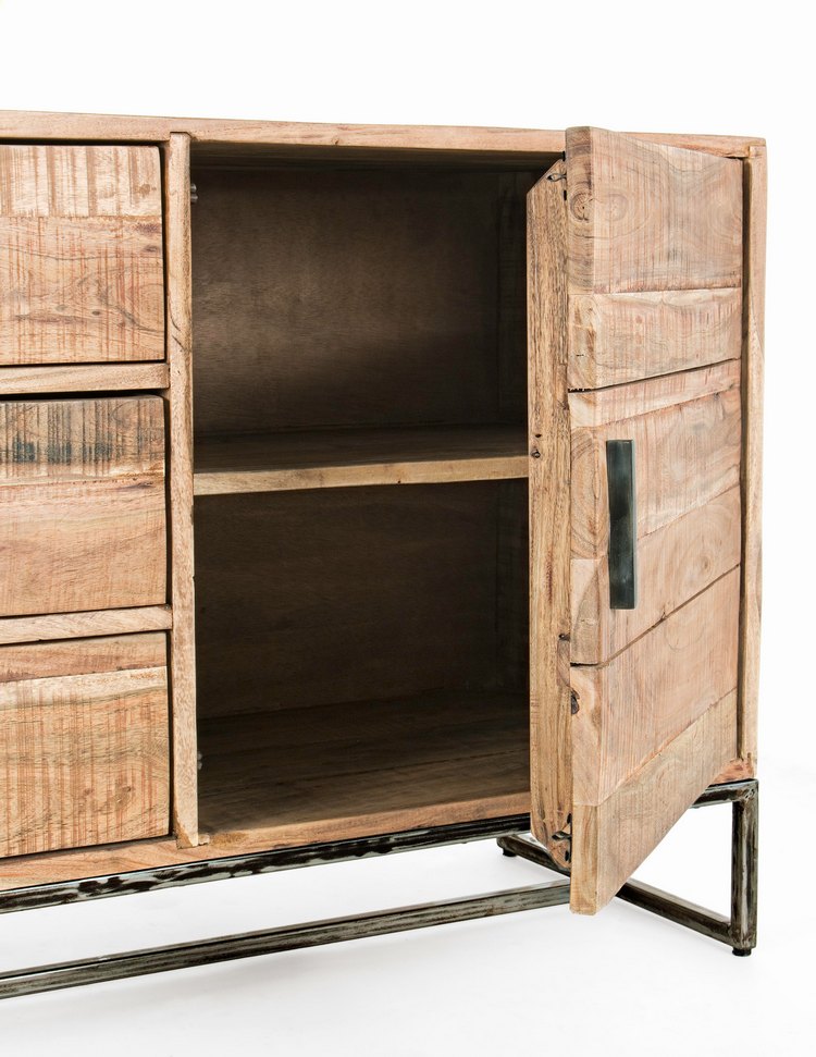 credenza elmer in legno di acacia e base acciaio antracite, 175x45x77 cm, ambientazione d’arredo con il prodotto protagonista