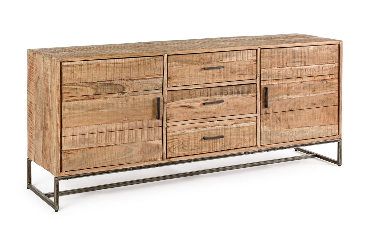 credenza elmer in legno di acacia e base acciaio antracite, 175x45x77 cm, credenza in legno vista frontale, perfetta per...