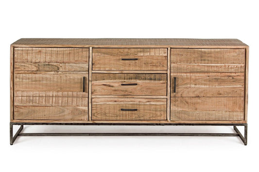 credenza elmer in legno di acacia e base acciaio antracite, 175x45x77 cm, dettaglio delle ante in legno e finitura naturale