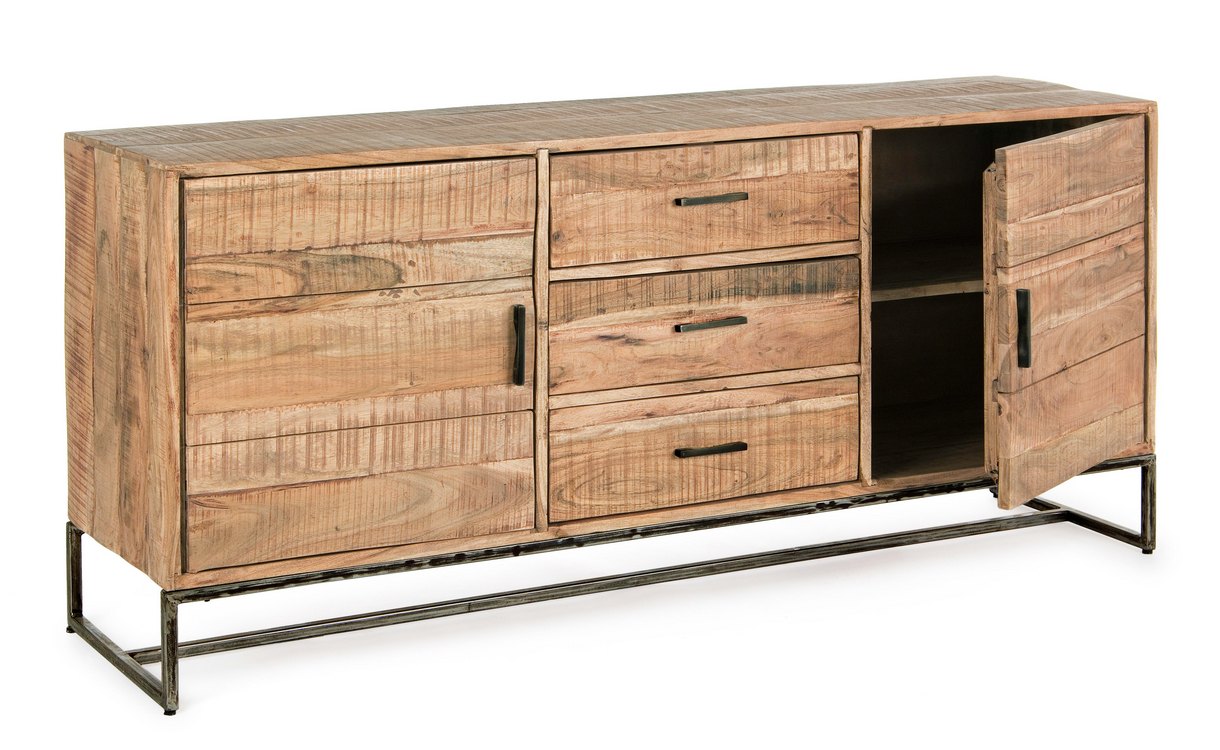 credenza elmer in legno di acacia e base acciaio antracite, 175x45x77 cm, credenza posizionata in ambiente living moderno