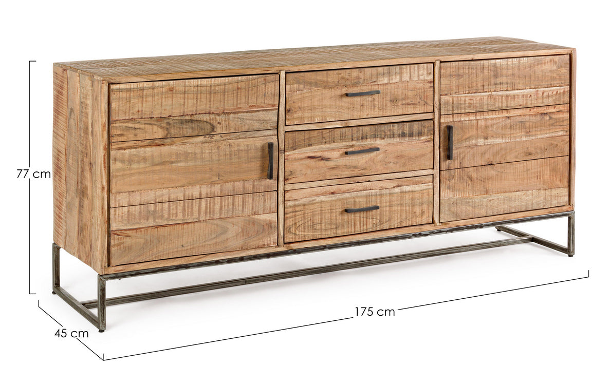 credenza elmer in legno di acacia e base acciaio antracite, 175x45x77 cm, dettaglio dei pomelli, cassetti e superfici...